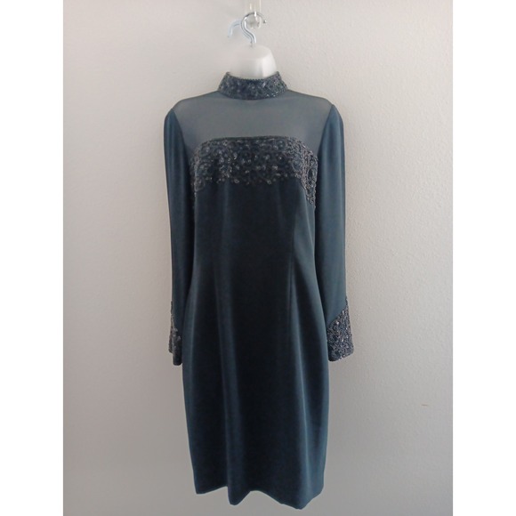 Oleg Cassini Dresses & Skirts - Olga Cassini Jewel‎ Beaded High Neck Dress Black Size Cocktail Party Sheer Midi